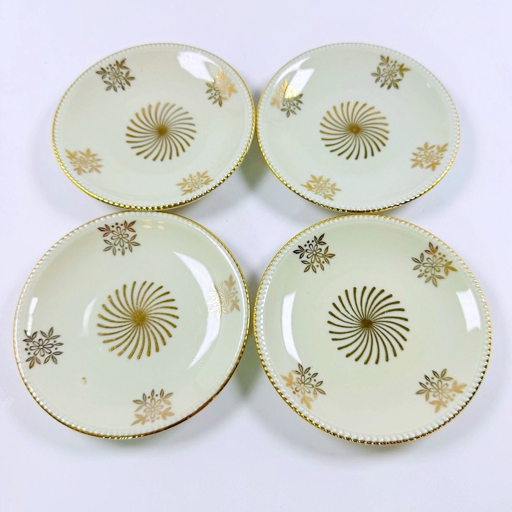 Vintage 4 pcs Butter Pat Plates Gold Sunburst Floral Porcelain MCM Regency NICE